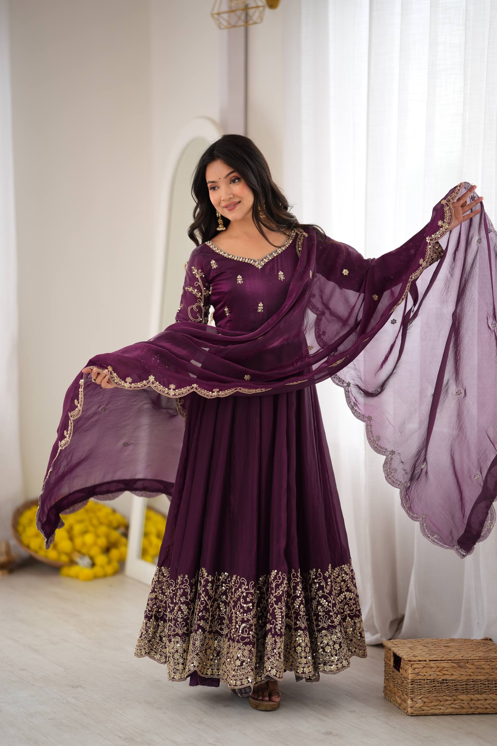 Premium Fendy Silk Embroidered Anarkali Gown Pant Dupatta Set for Women