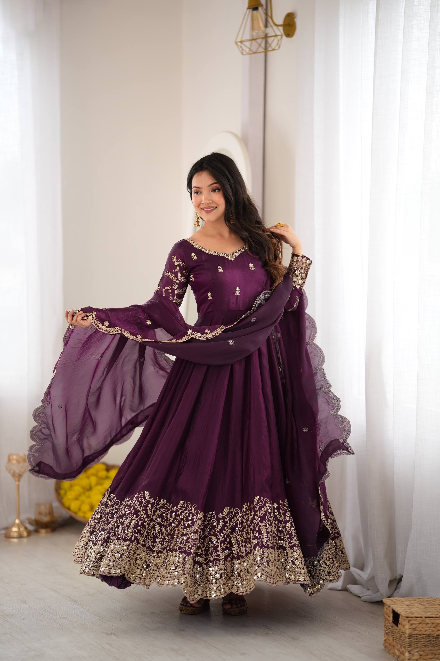 Premium Fendy Silk Embroidered Anarkali Gown Pant Dupatta Set for Women