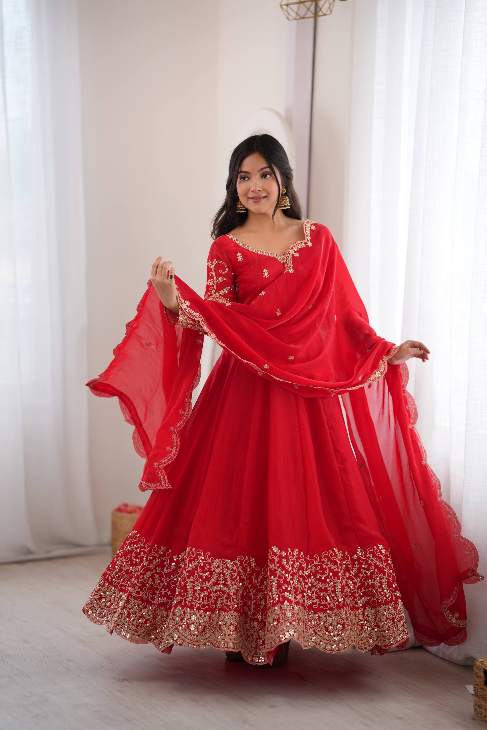 Premium Fendy Silk Embroidered Anarkali Gown Pant Dupatta Set for Women