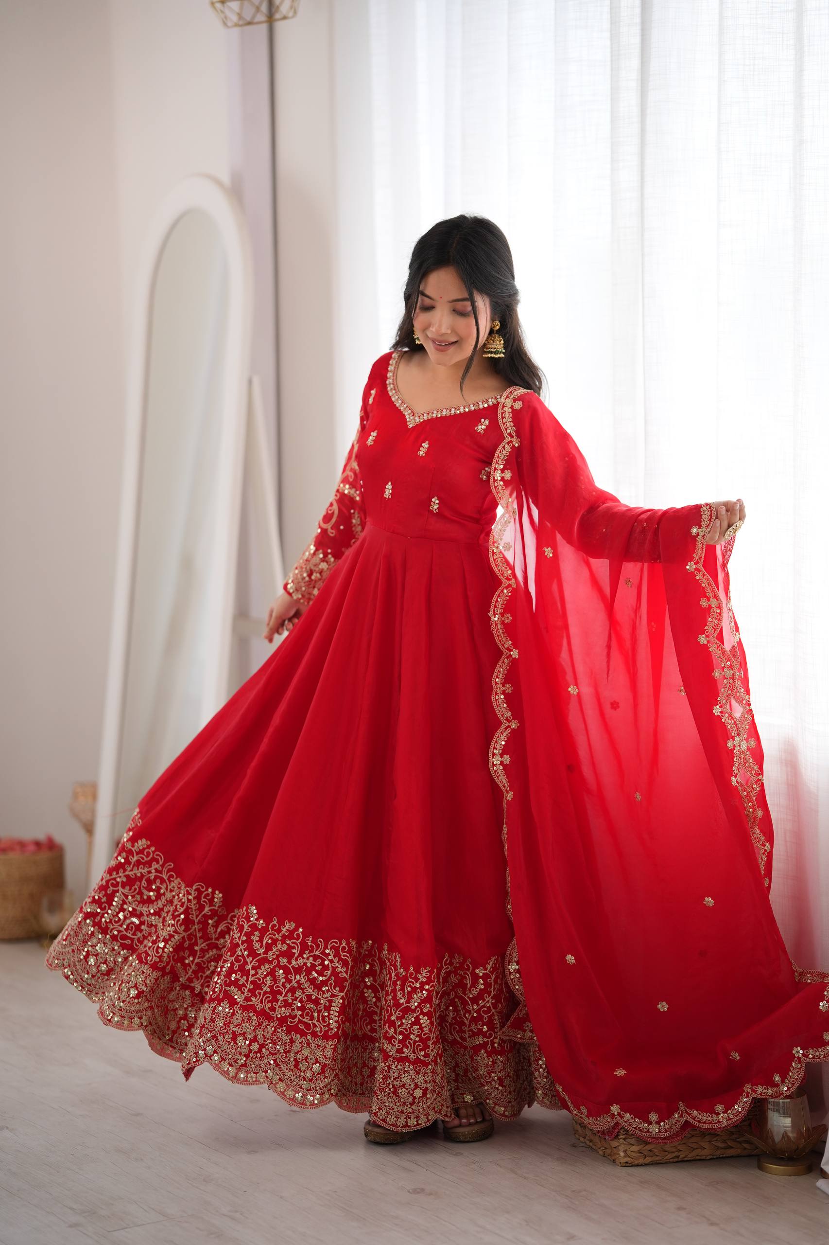 Premium Fendy Silk Embroidered Anarkali Gown Pant Dupatta Set for Women