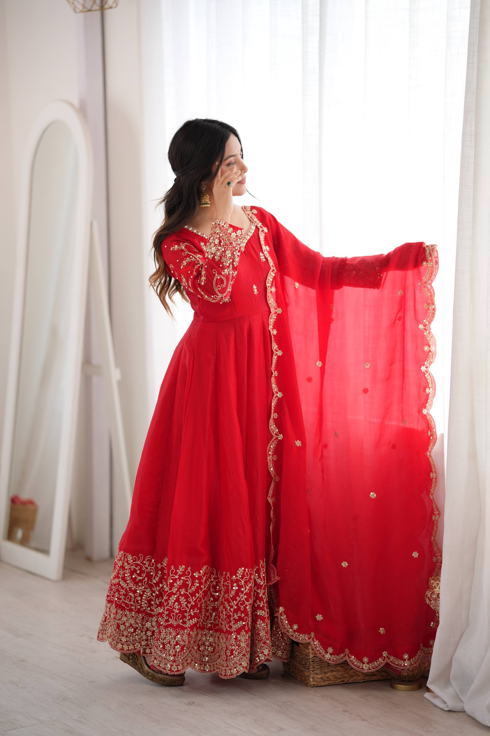 Premium Fendy Silk Embroidered Anarkali Gown Pant Dupatta Set for Women