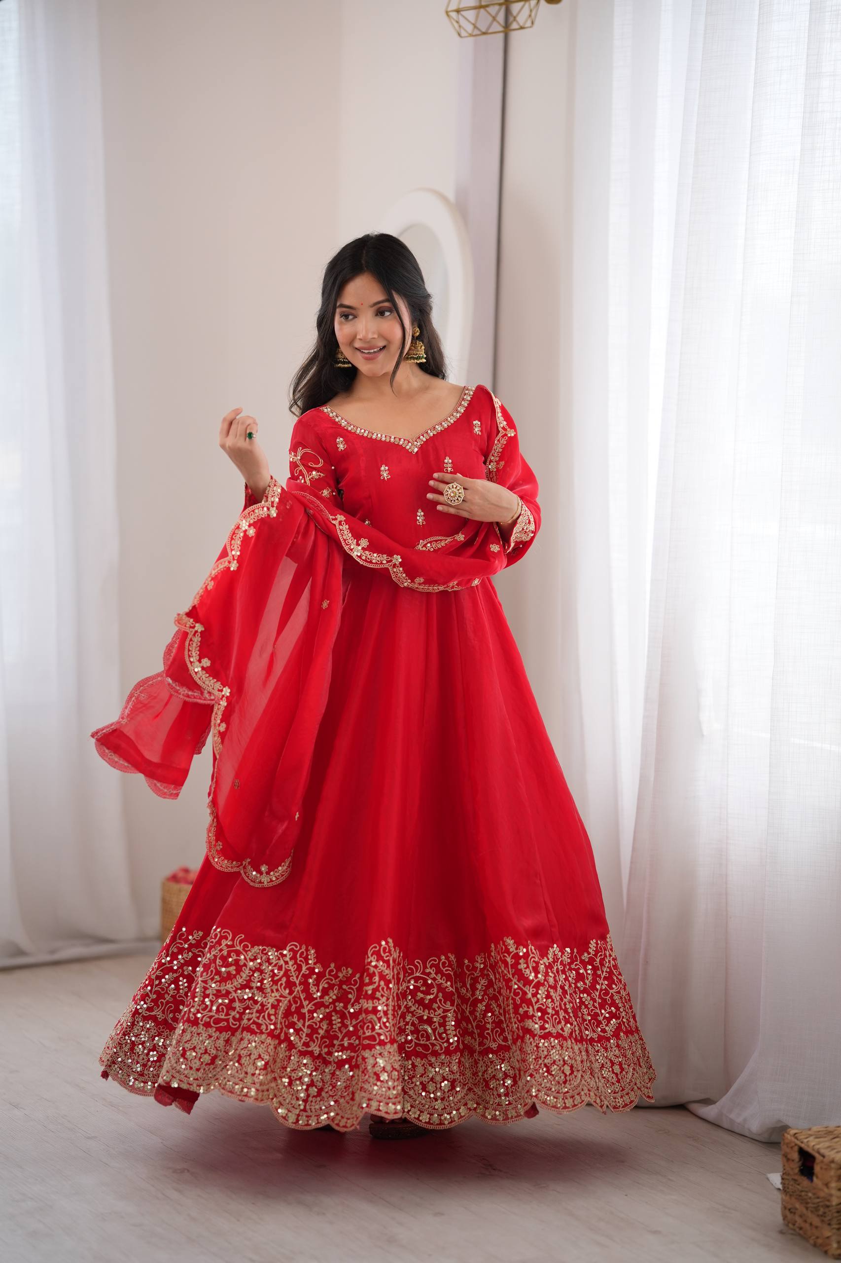 Premium Fendy Silk Embroidered Anarkali Gown Pant Dupatta Set for Women