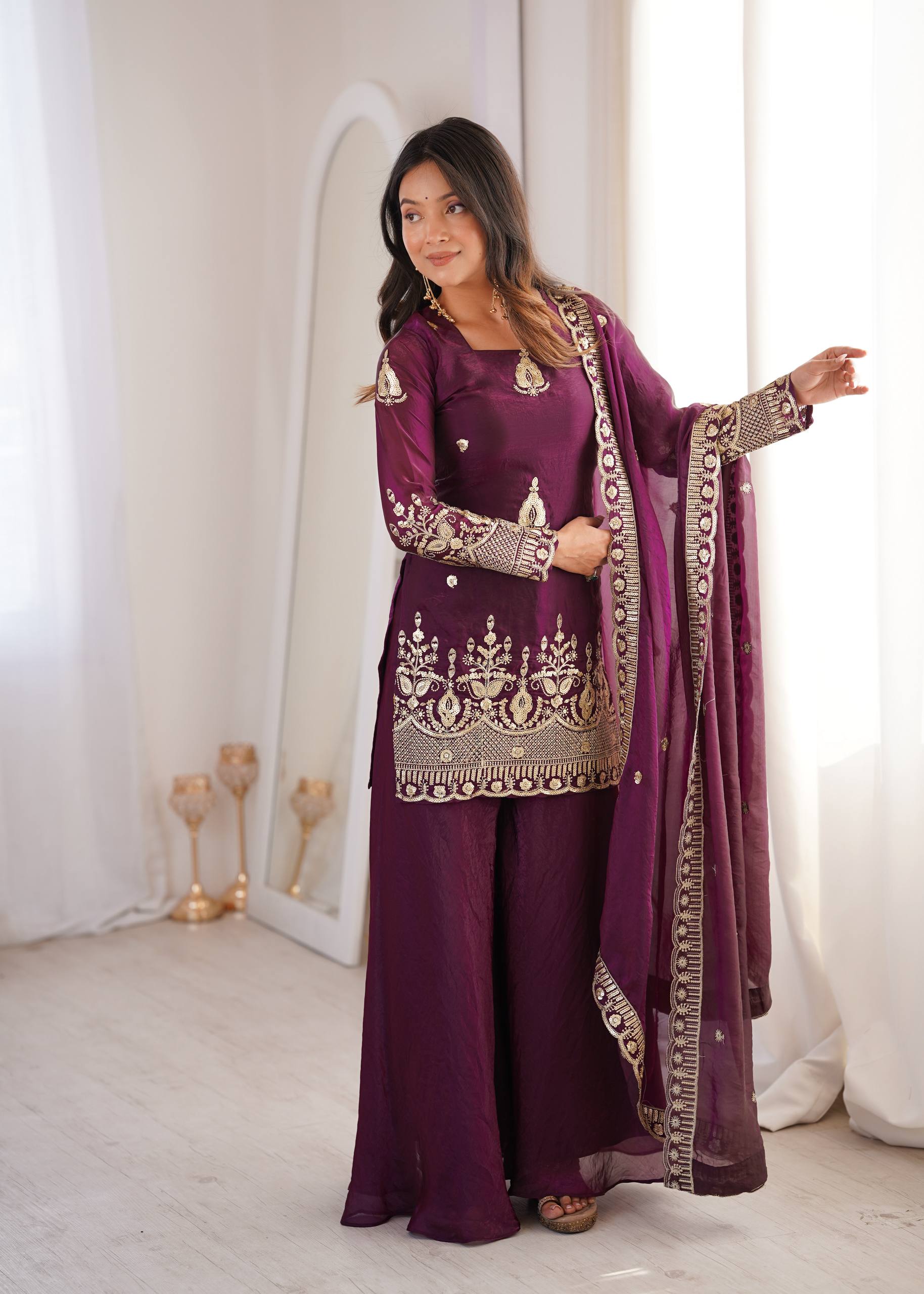 Women's Fendy Silk Embroidered Sharara Palazzo Set with Lace Border Dupatta