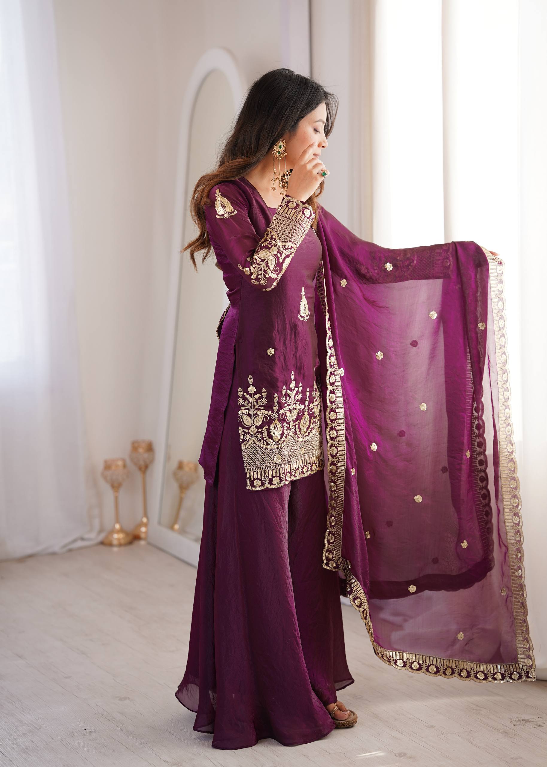Women's Fendy Silk Embroidered Sharara Palazzo Set with Lace Border Dupatta