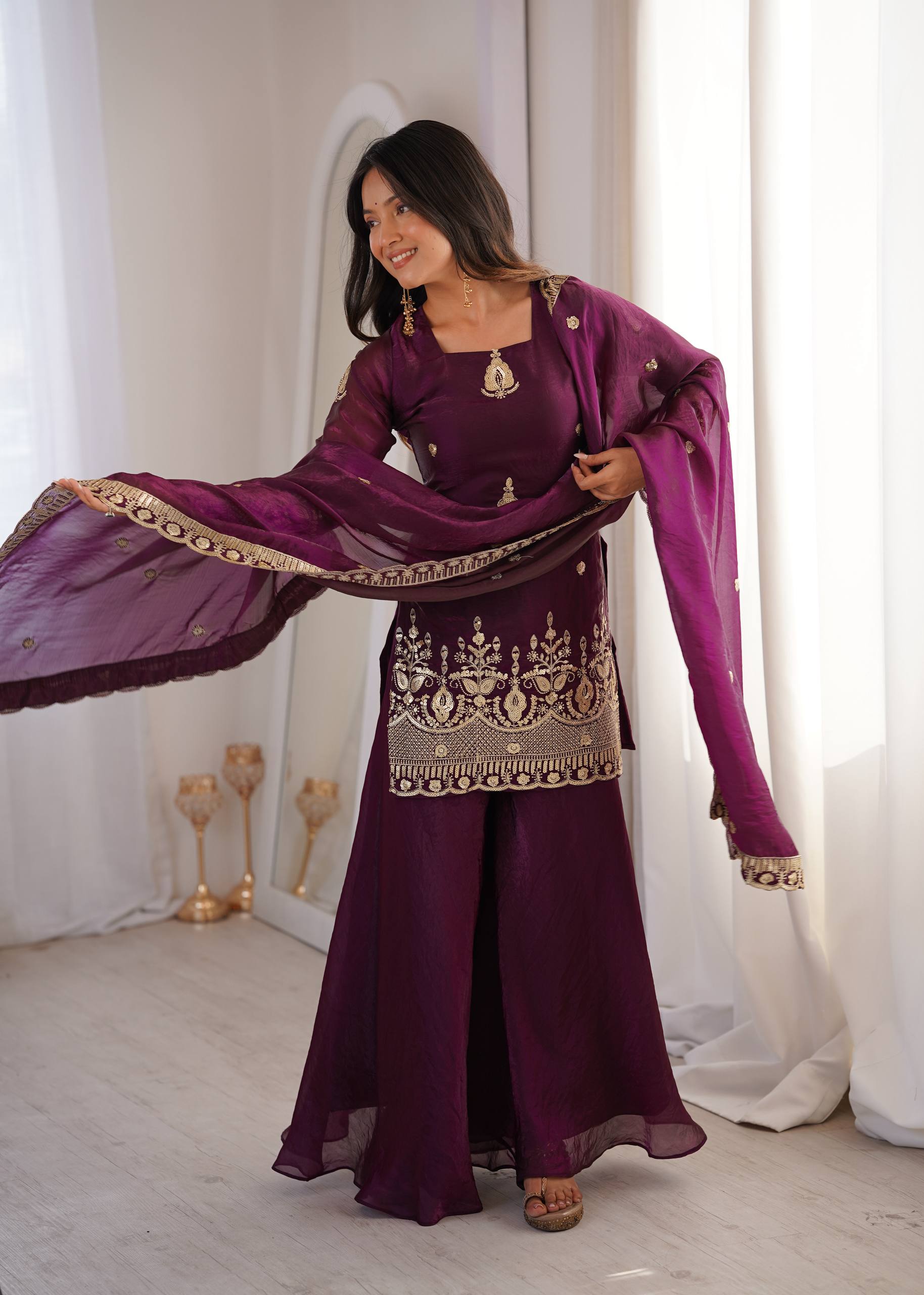 Women's Fendy Silk Embroidered Sharara Palazzo Set with Lace Border Dupatta