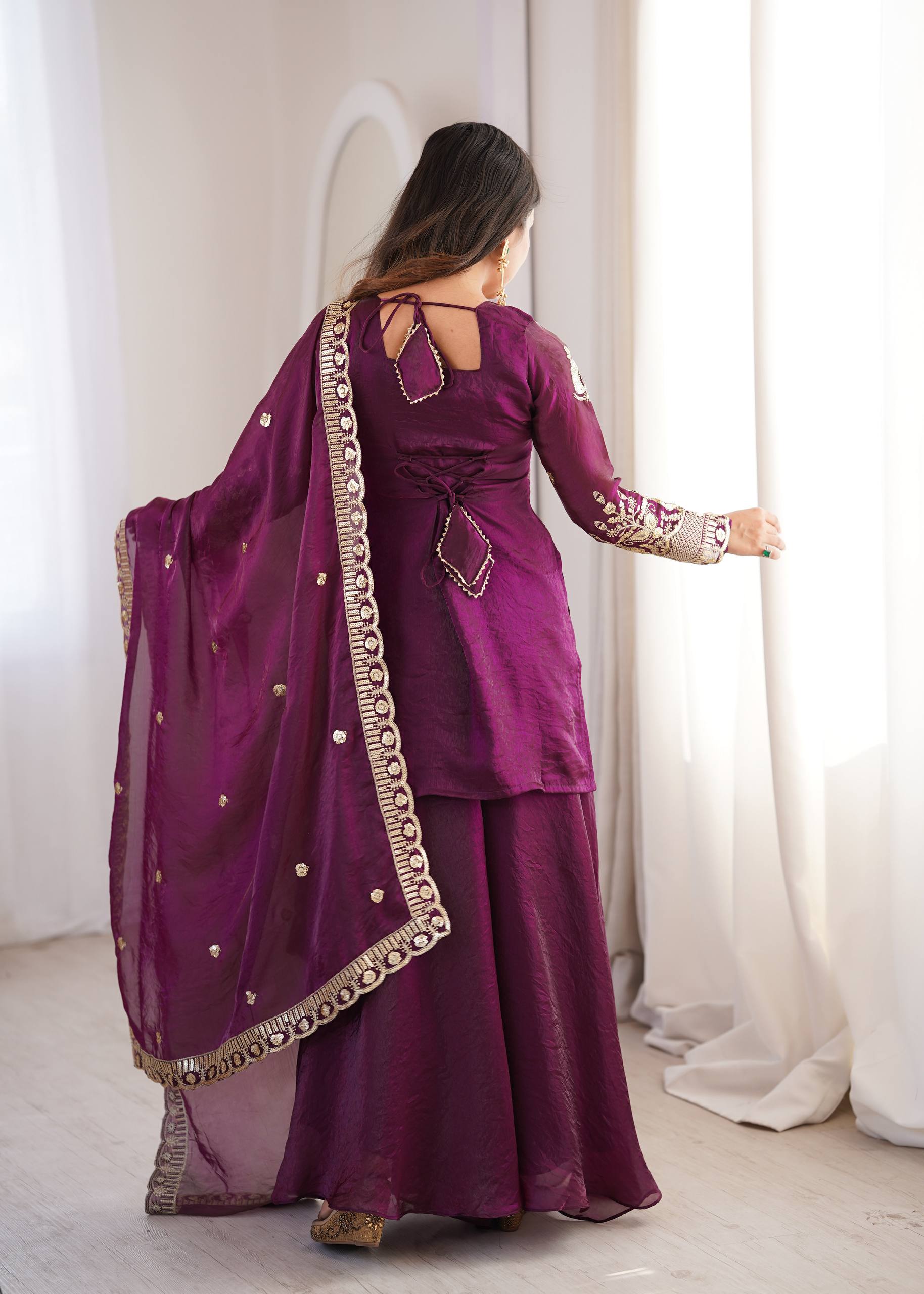 Women's Fendy Silk Embroidered Sharara Palazzo Set with Lace Border Dupatta