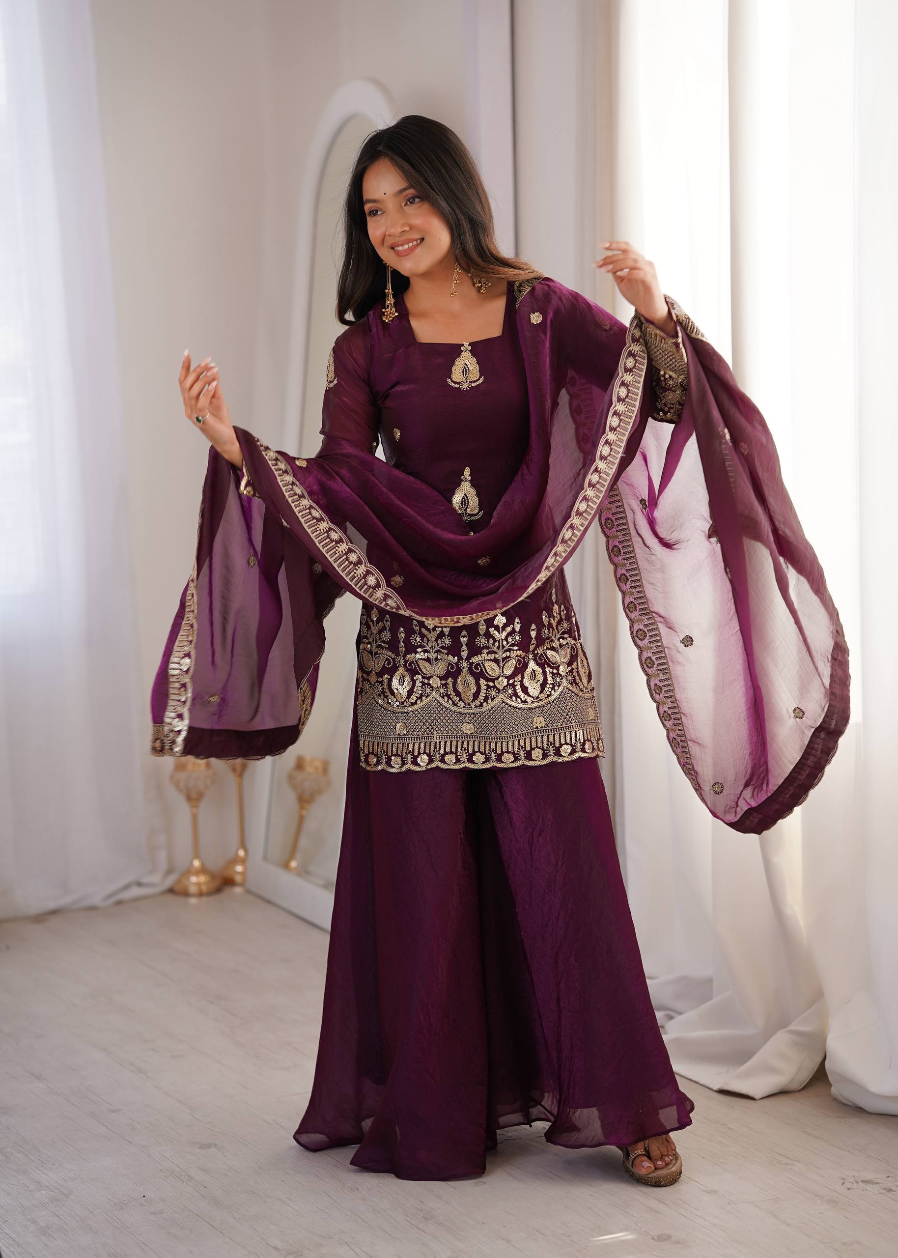 Women's Fendy Silk Embroidered Sharara Palazzo Set with Lace Border Dupatta