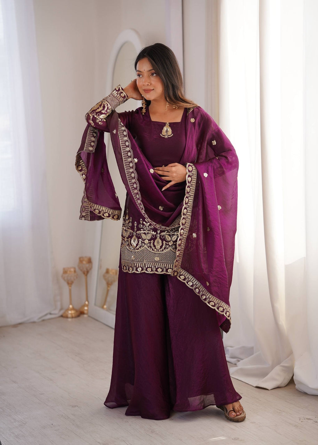 Women's Fendy Silk Embroidered Sharara Palazzo Set with Lace Border Dupatta