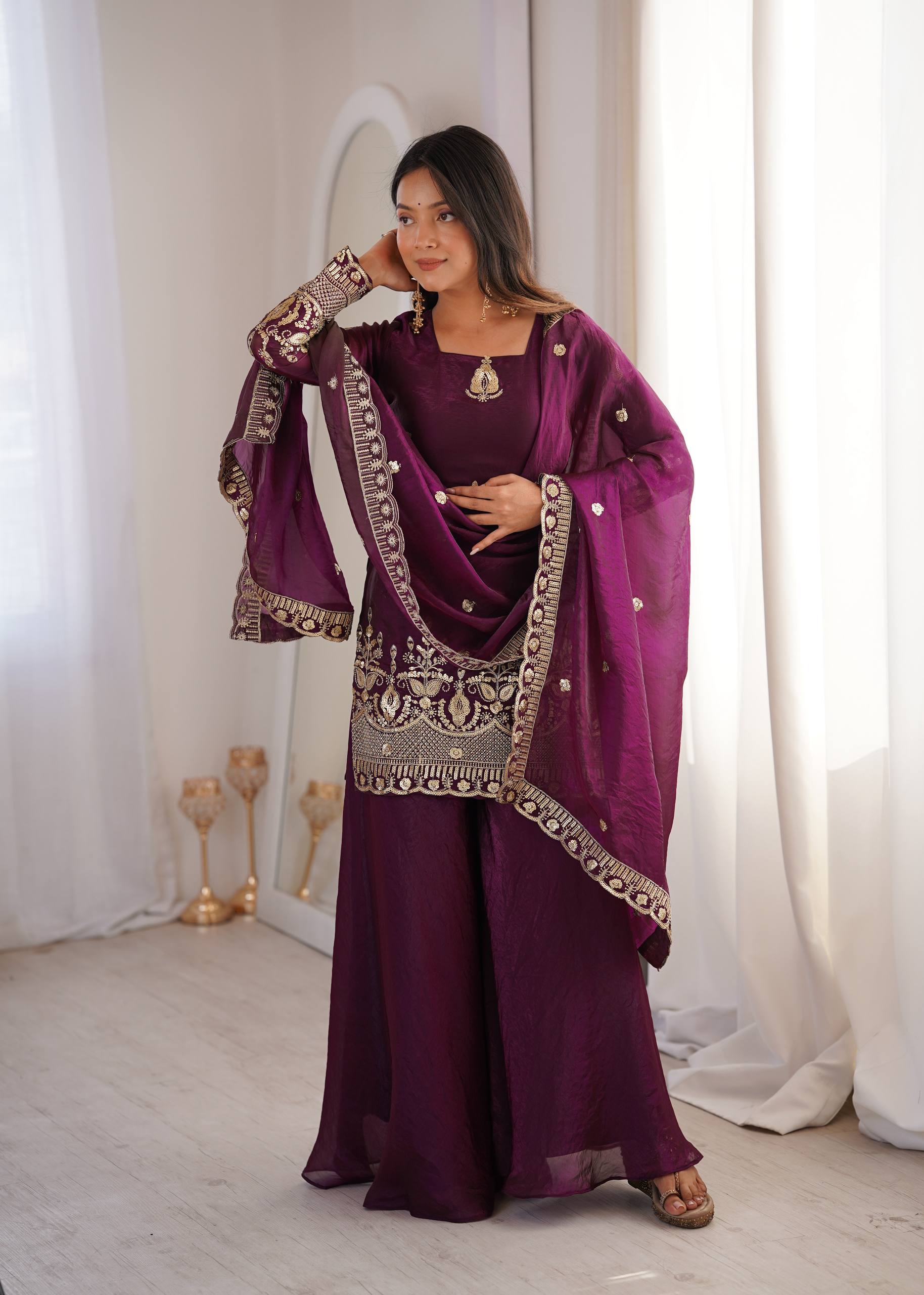 Women's Fendy Silk Embroidered Sharara Palazzo Set with Lace Border Dupatta