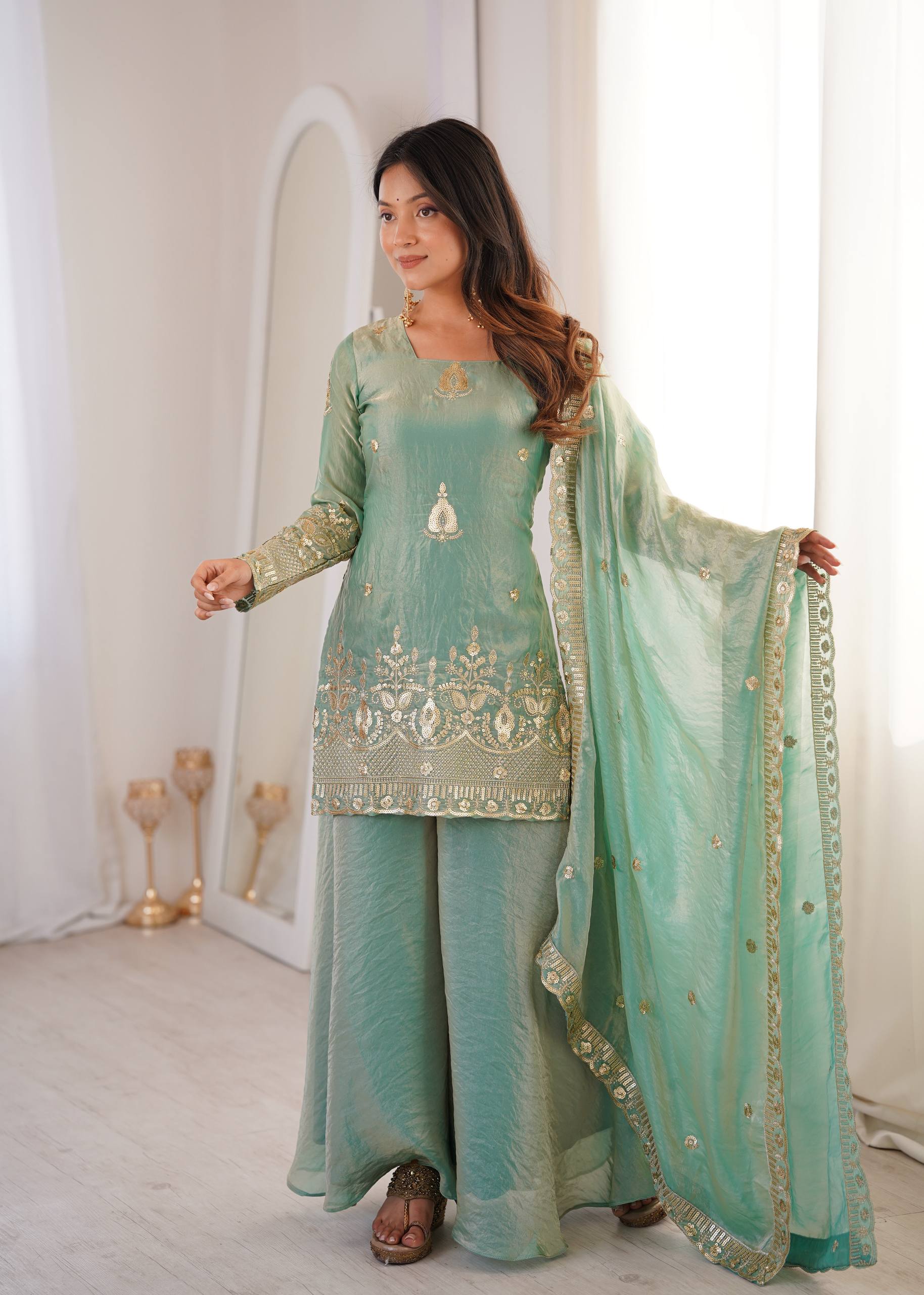 Women's Fendy Silk Embroidered Sharara Palazzo Set with Lace Border Dupatta