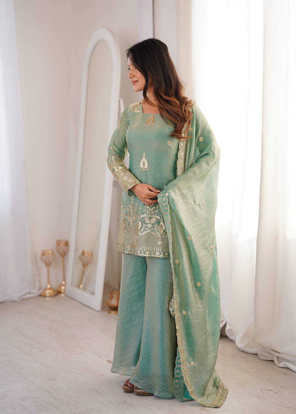 Women's Fendy Silk Embroidered Sharara Palazzo Set with Lace Border Dupatta