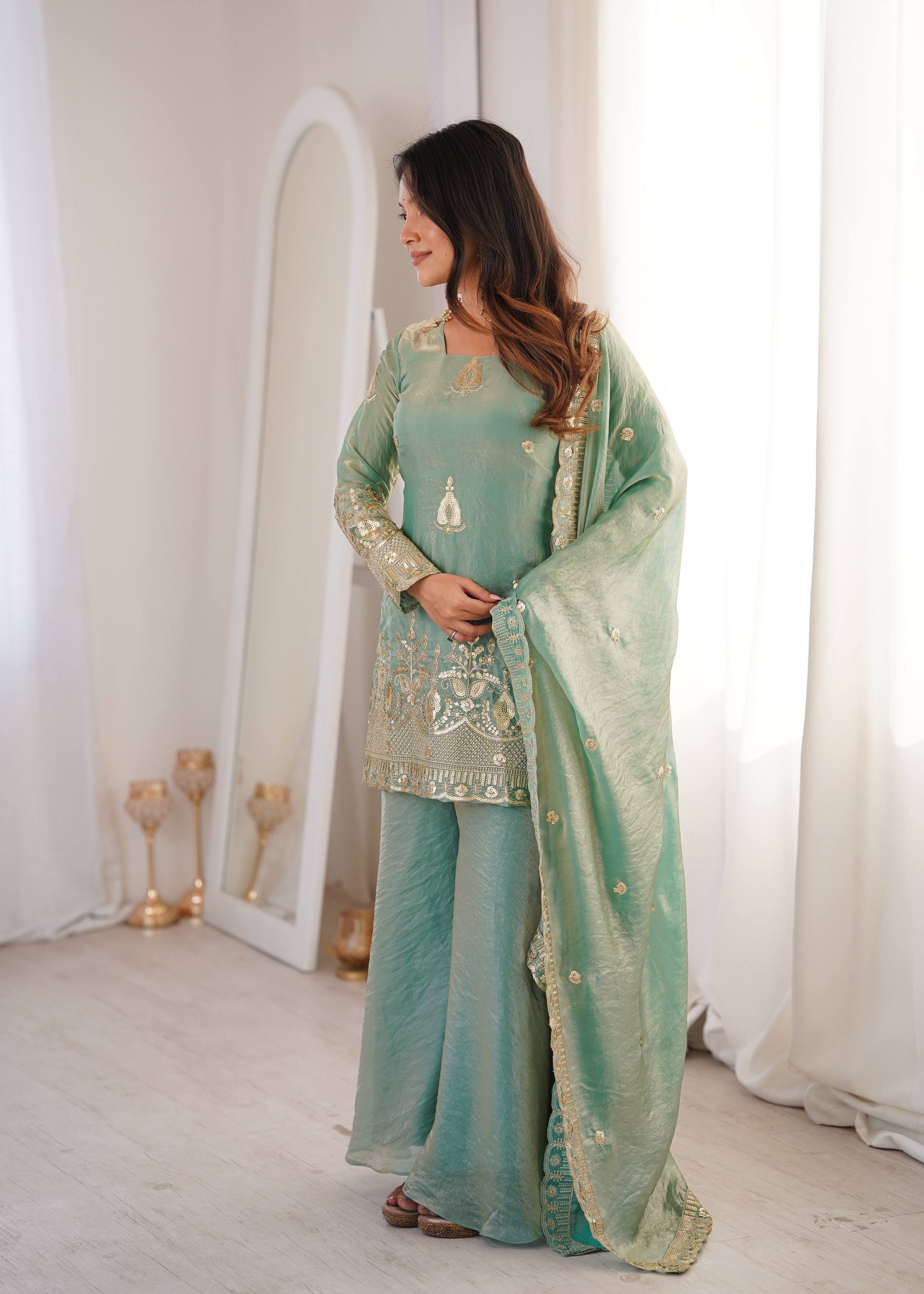 Women's Fendy Silk Embroidered Sharara Palazzo Set with Lace Border Dupatta