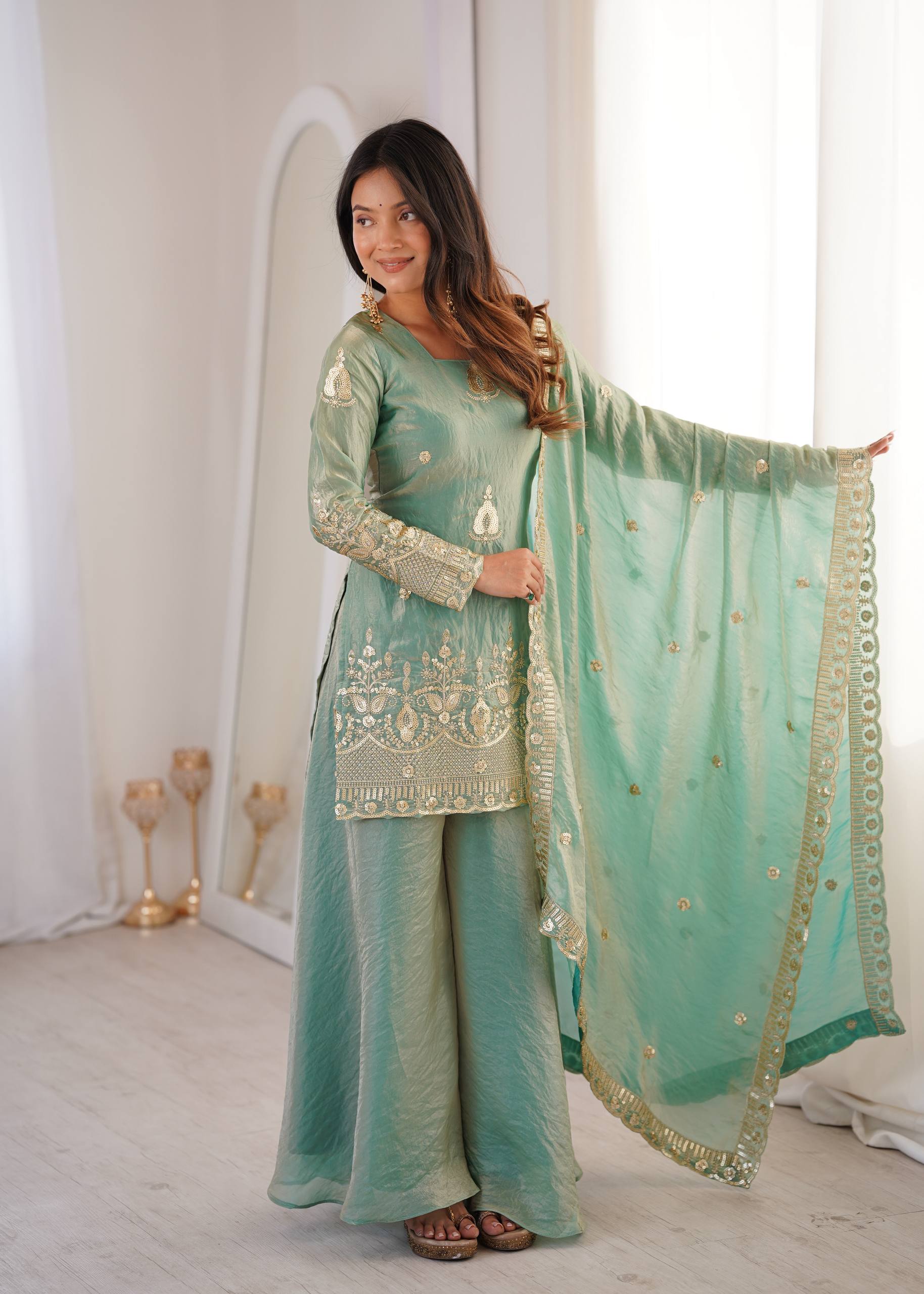 Women's Fendy Silk Embroidered Sharara Palazzo Set with Lace Border Dupatta