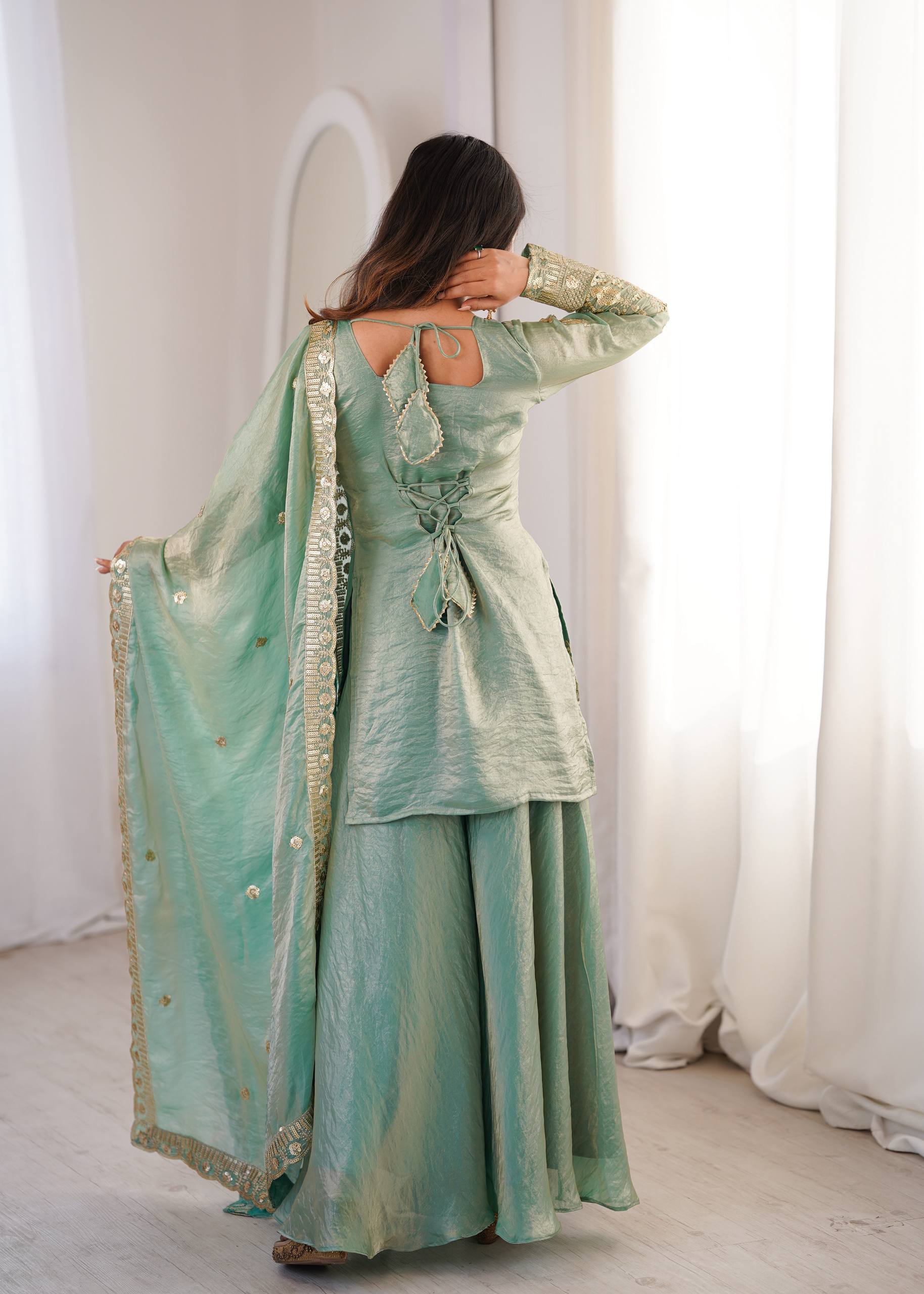 Women's Fendy Silk Embroidered Sharara Palazzo Set with Lace Border Dupatta