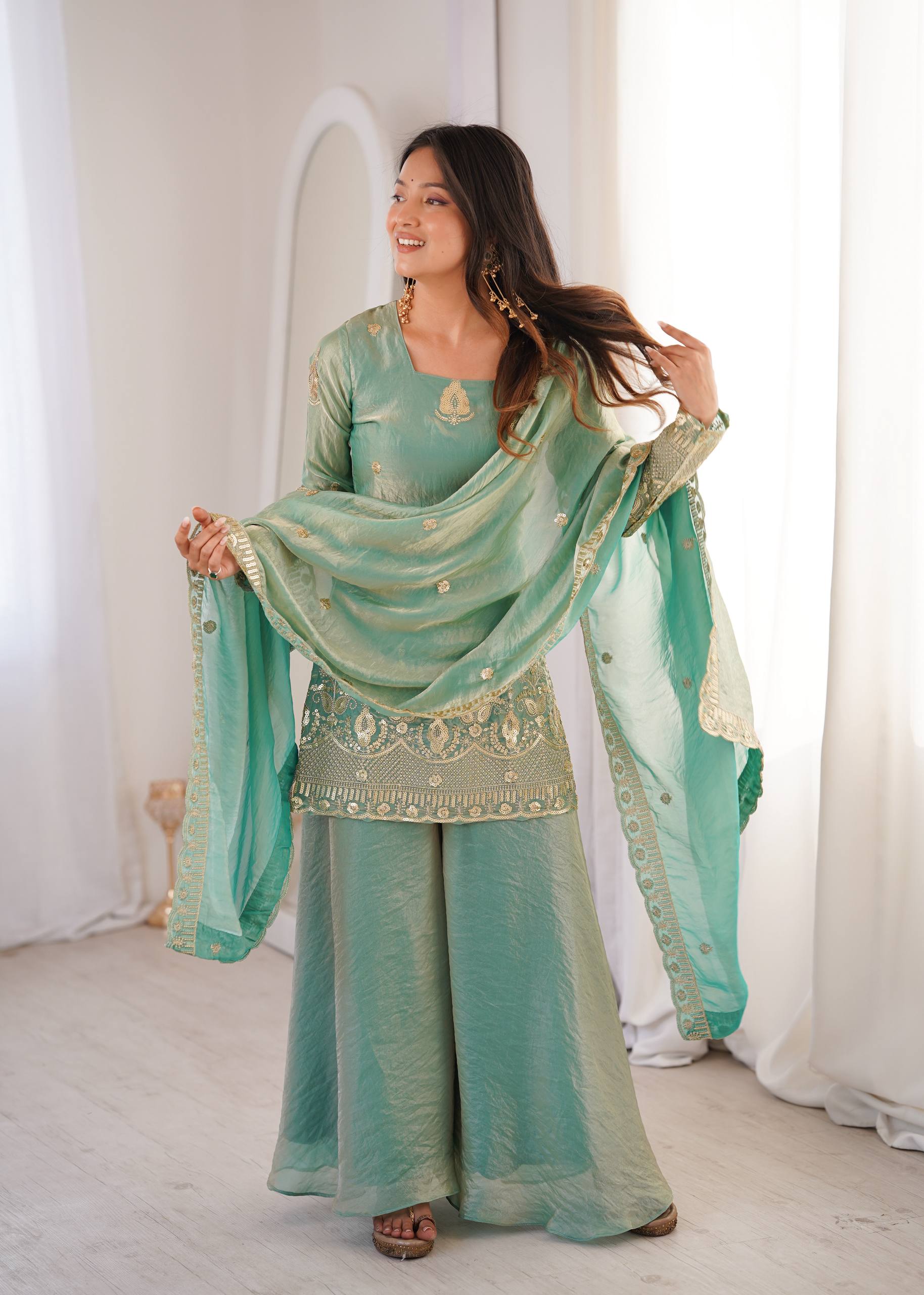 Women's Fendy Silk Embroidered Sharara Palazzo Set with Lace Border Dupatta