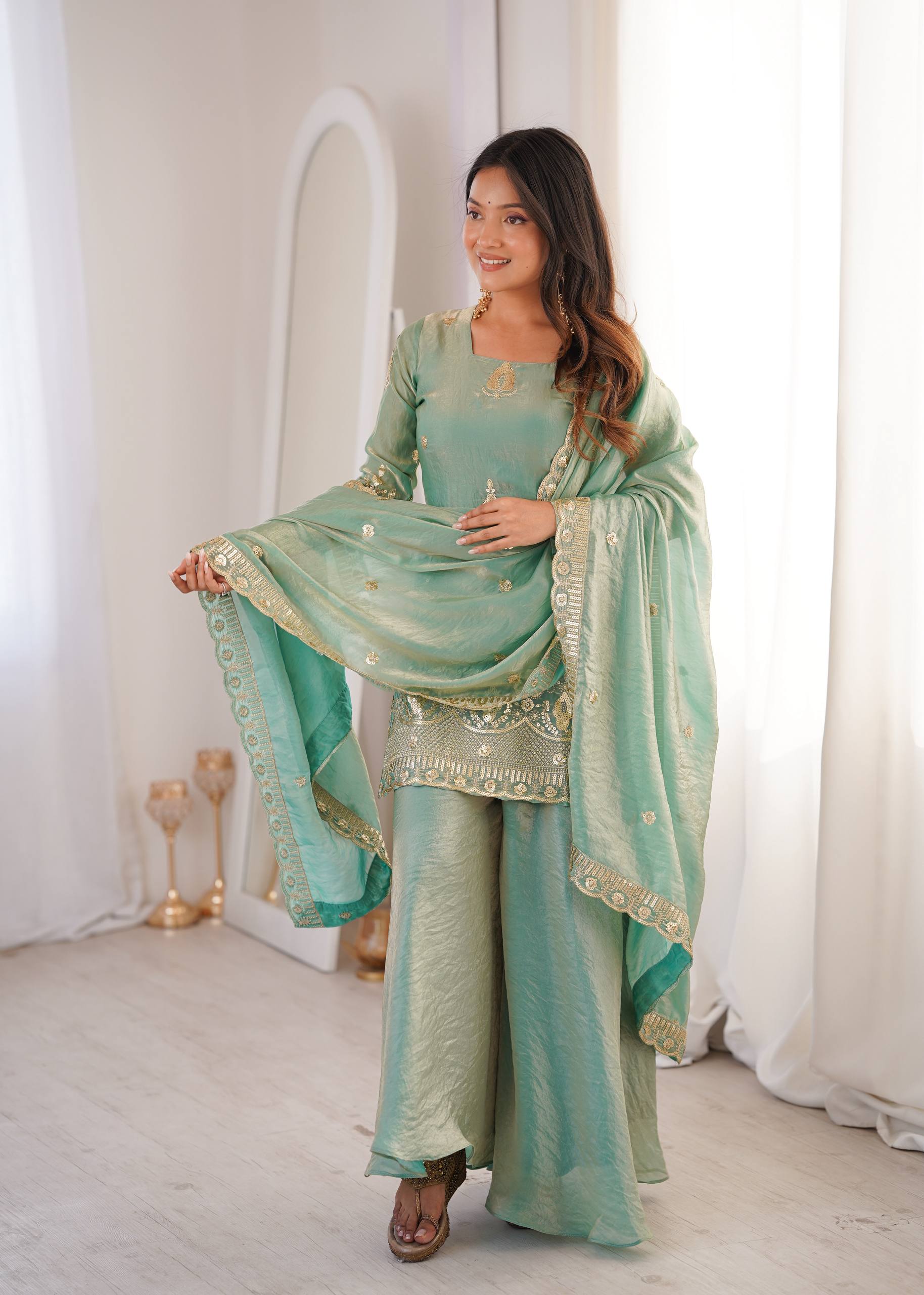 Women's Fendy Silk Embroidered Sharara Palazzo Set with Lace Border Dupatta