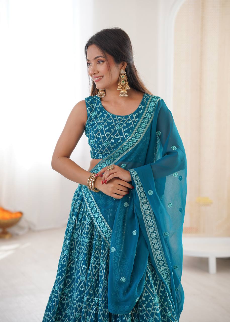 Premium Faux Georgette Thread & Sequin Embroidered Lehenga Choli with Dupatta