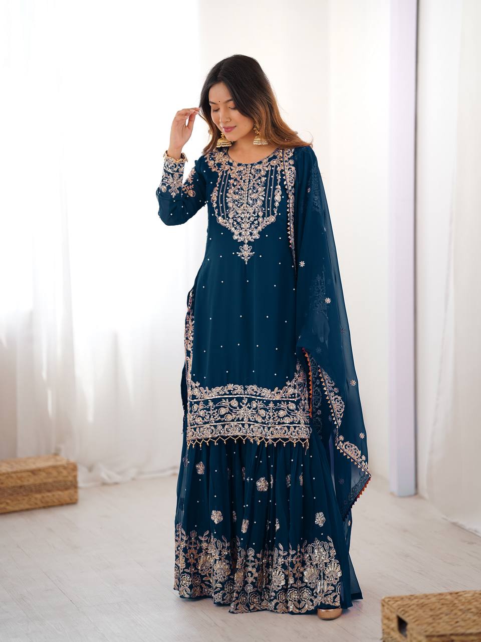 Women's Faux Georgette Embroidered Sharara Set with Dupatta