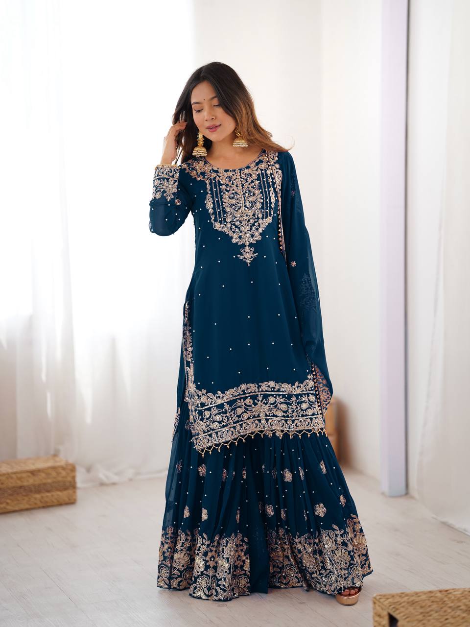 Women's Faux Georgette Embroidered Sharara Set with Dupatta