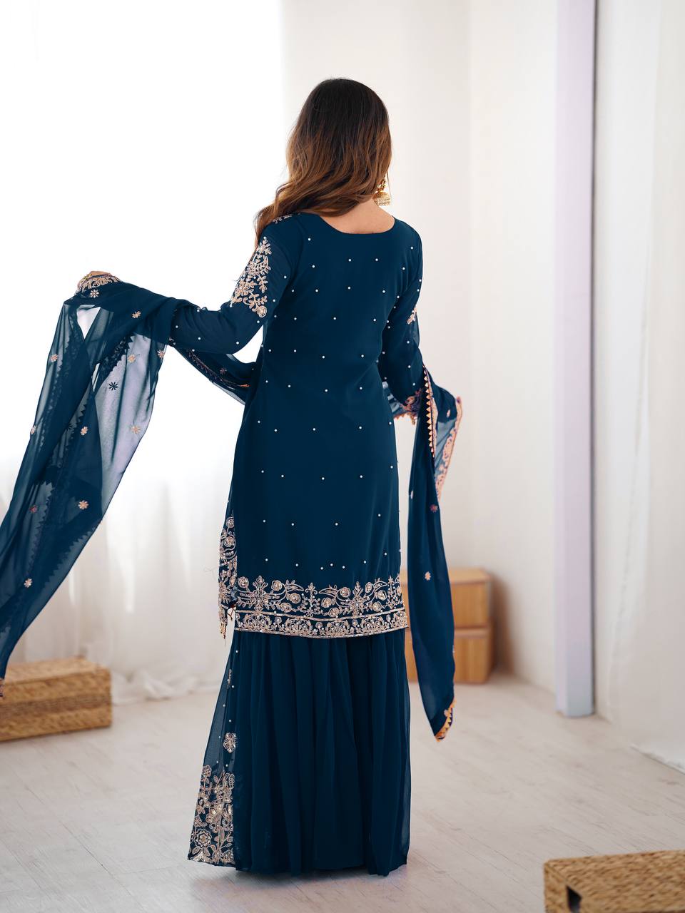 Women's Faux Georgette Embroidered Sharara Set with Dupatta