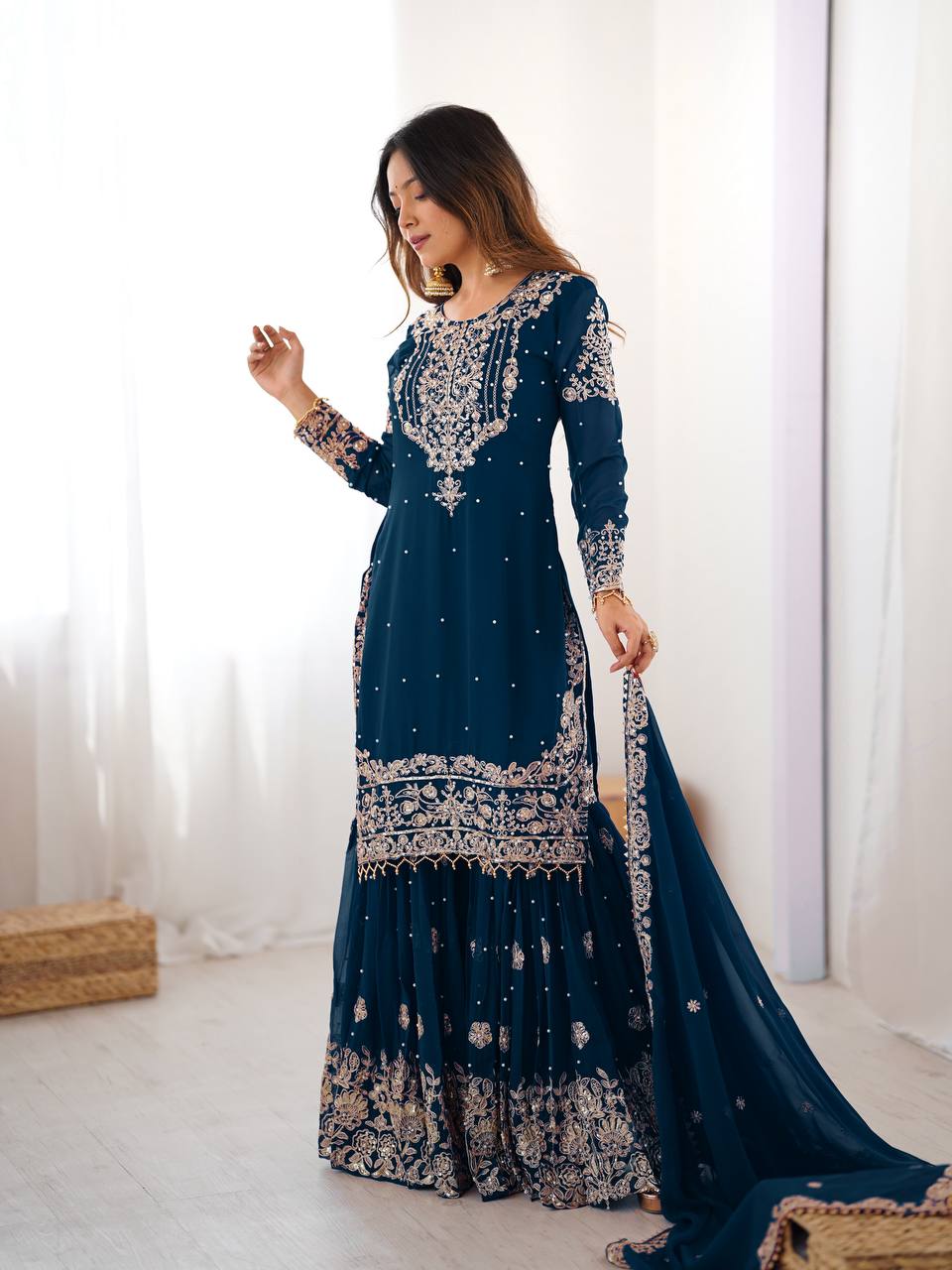 Women's Faux Georgette Embroidered Sharara Set with Dupatta