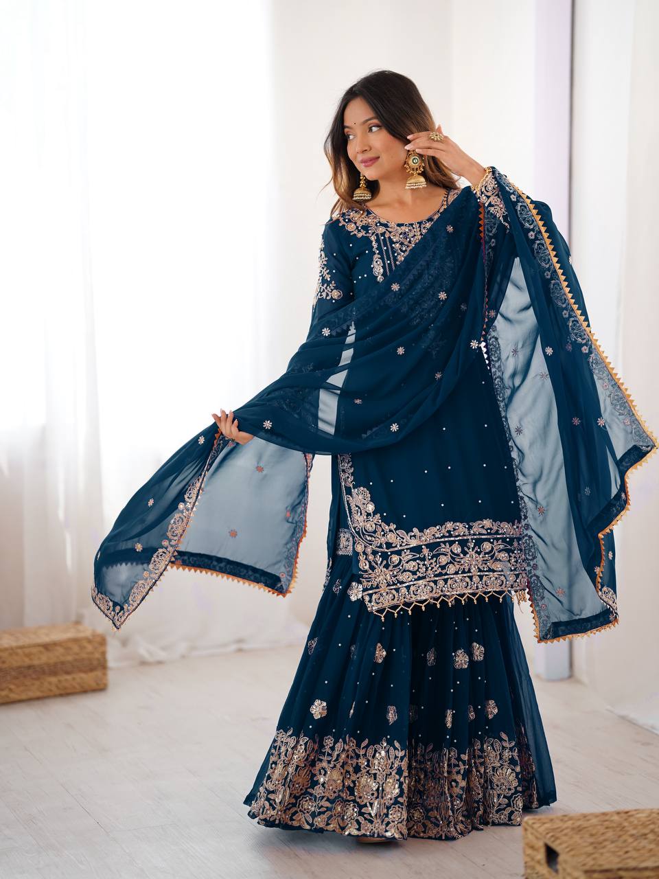 Women's Faux Georgette Embroidered Sharara Set with Dupatta
