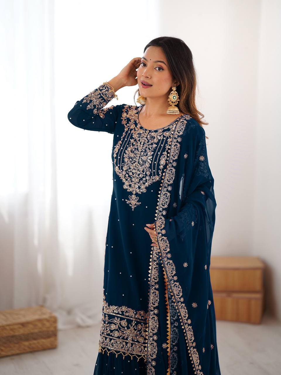 Women's Faux Georgette Embroidered Sharara Set with Dupatta