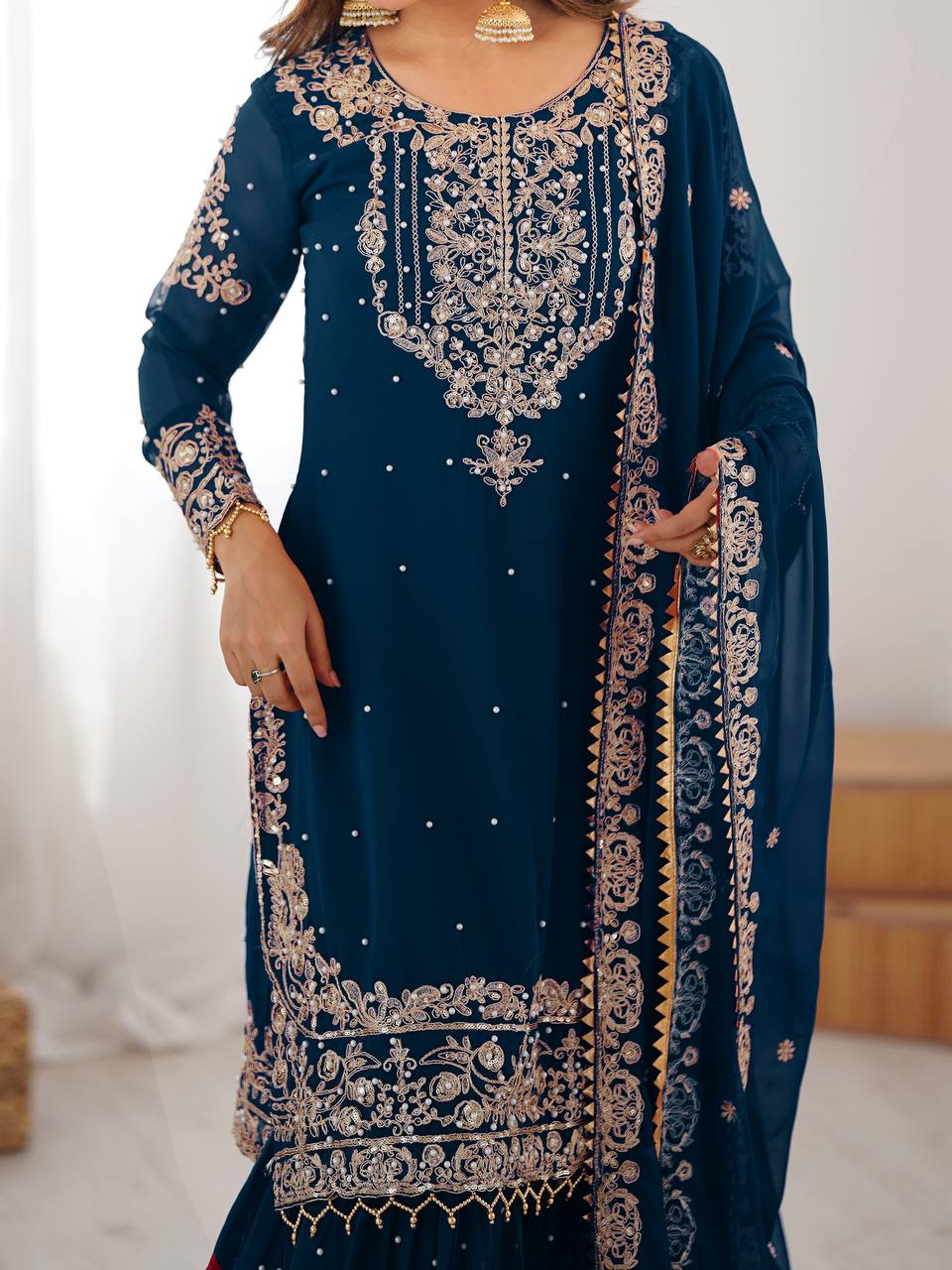 Women's Faux Georgette Embroidered Sharara Set with Dupatta