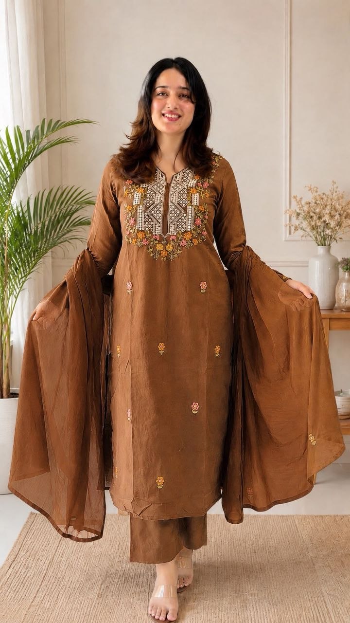 Trendy Roman Silk Embroidered Kurta Pant Set with Chanderi Silk Dupatta
