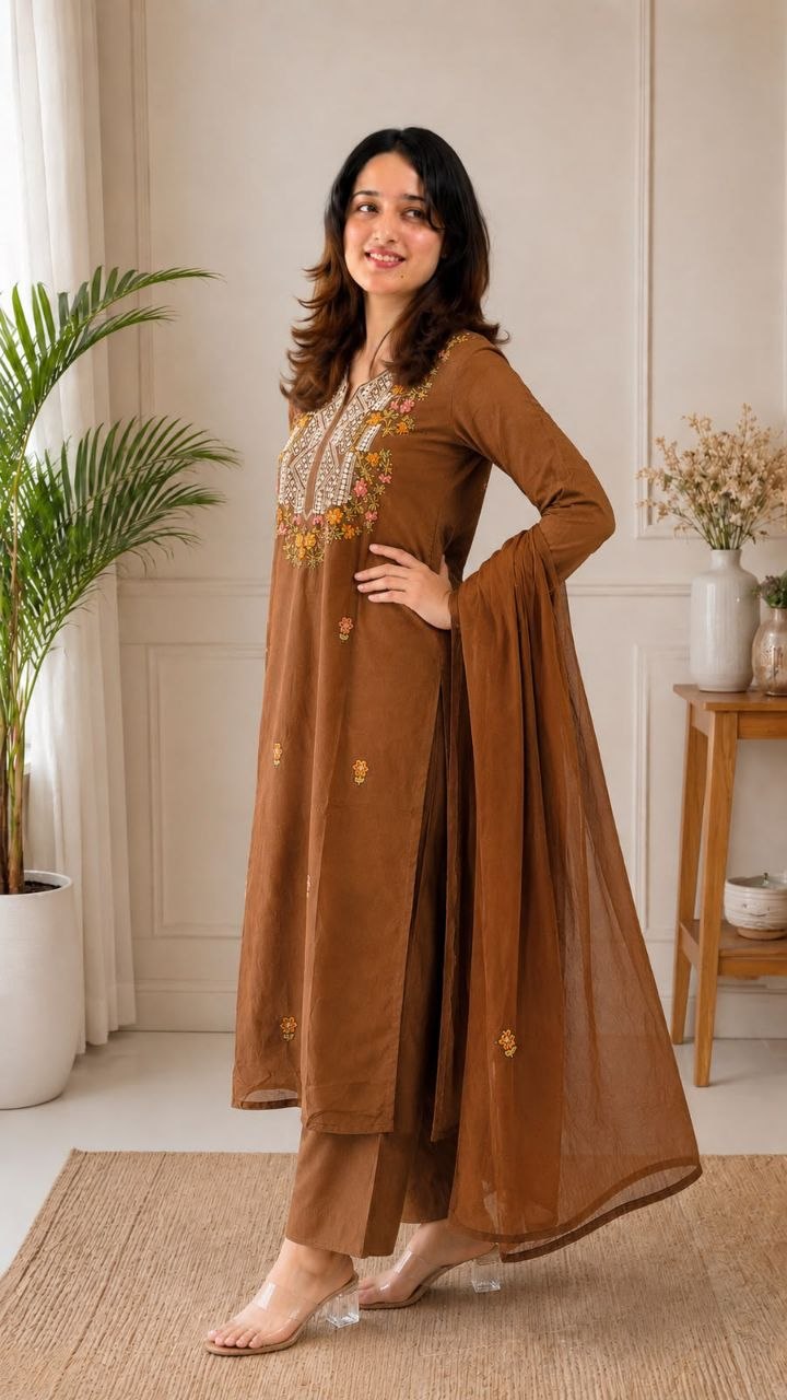 Trendy Roman Silk Embroidered Kurta Pant Set with Chanderi Silk Dupatta