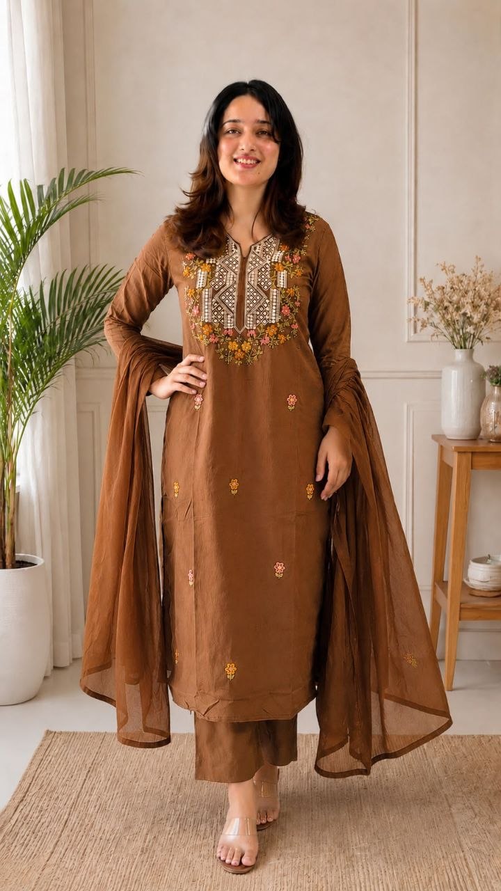 Trendy Roman Silk Embroidered Kurta Pant Set with Chanderi Silk Dupatta