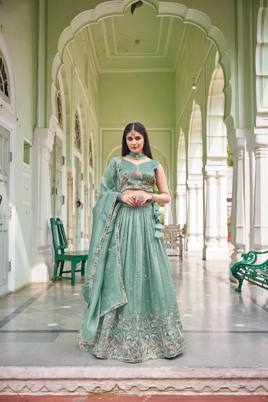 Premium Gold Crush Thread & Sequin Embroidered Lehenga Choli with Dupatta