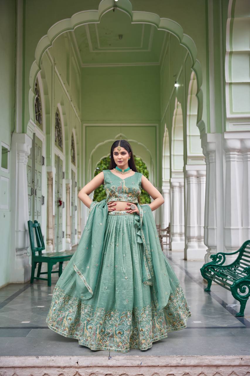 Premium Gold Crush Thread & Sequin Embroidered Lehenga Choli with Dupatta