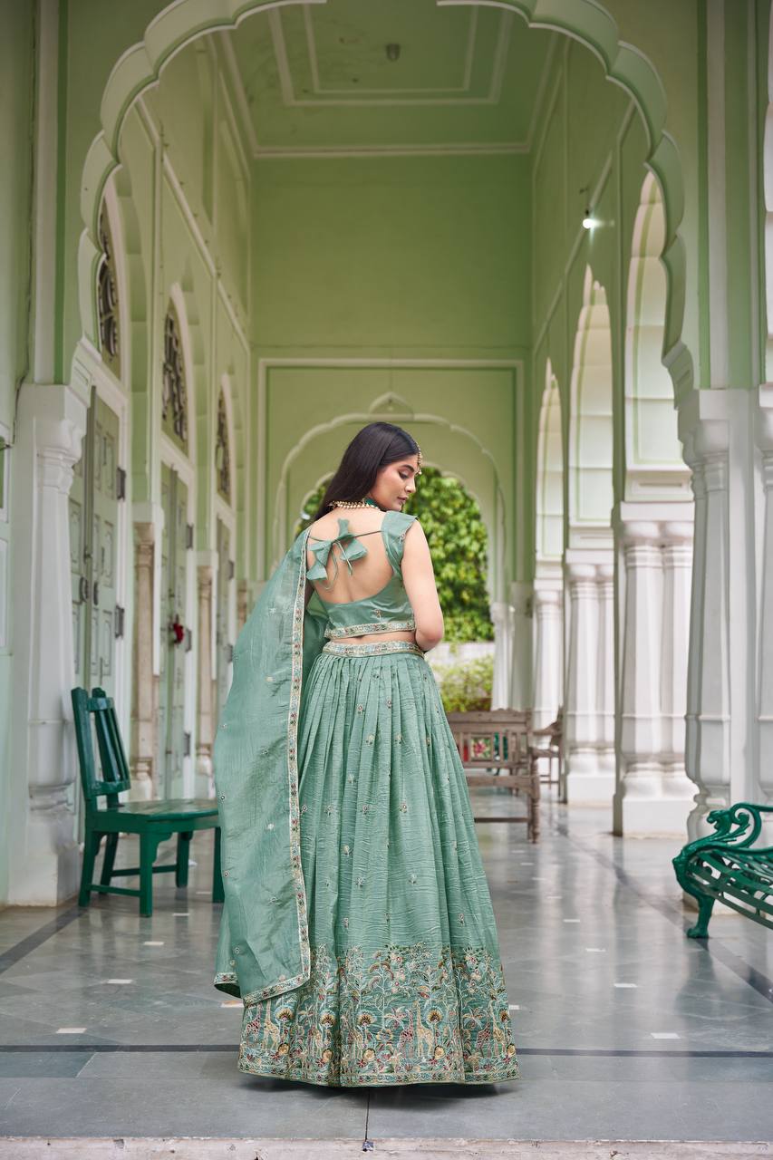 Premium Gold Crush Thread & Sequin Embroidered Lehenga Choli with Dupatta