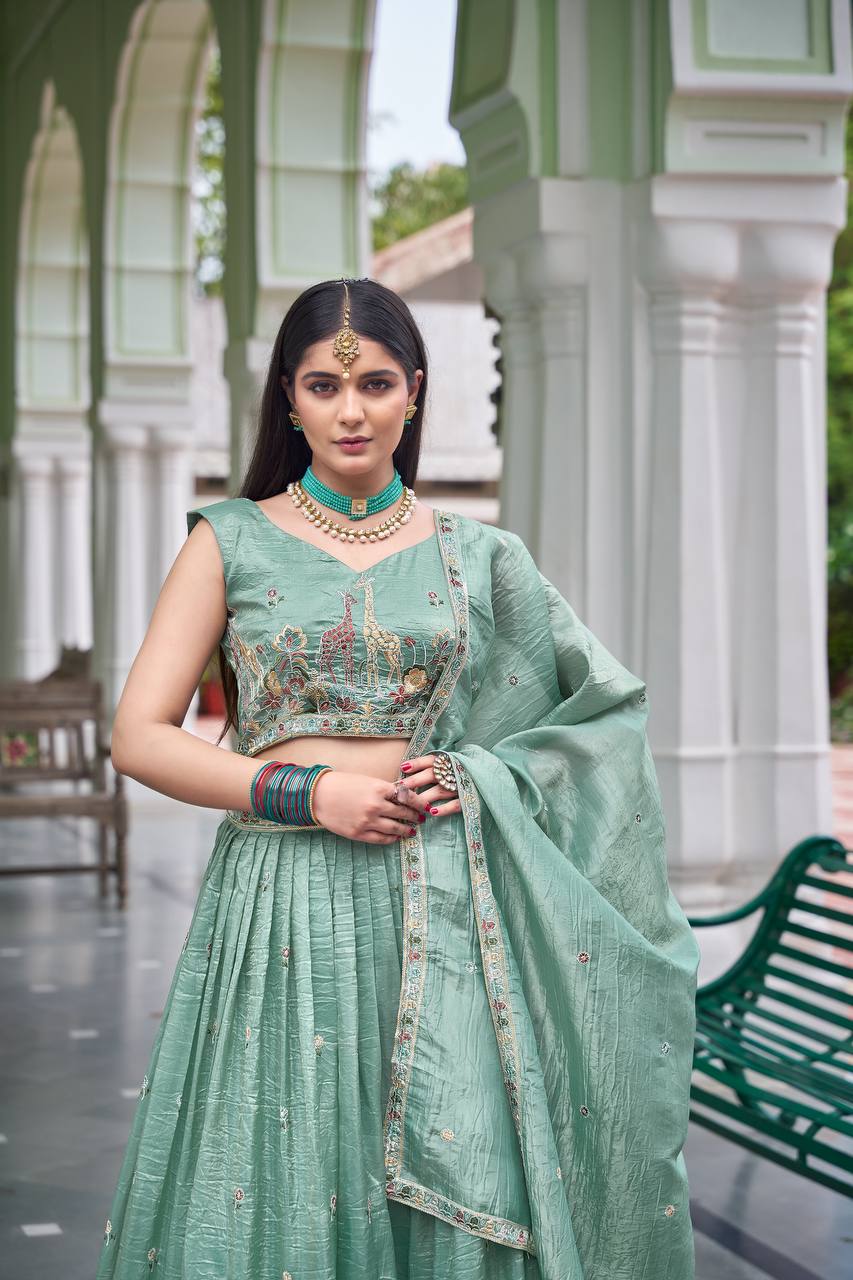 Premium Gold Crush Thread & Sequin Embroidered Lehenga Choli with Dupatta