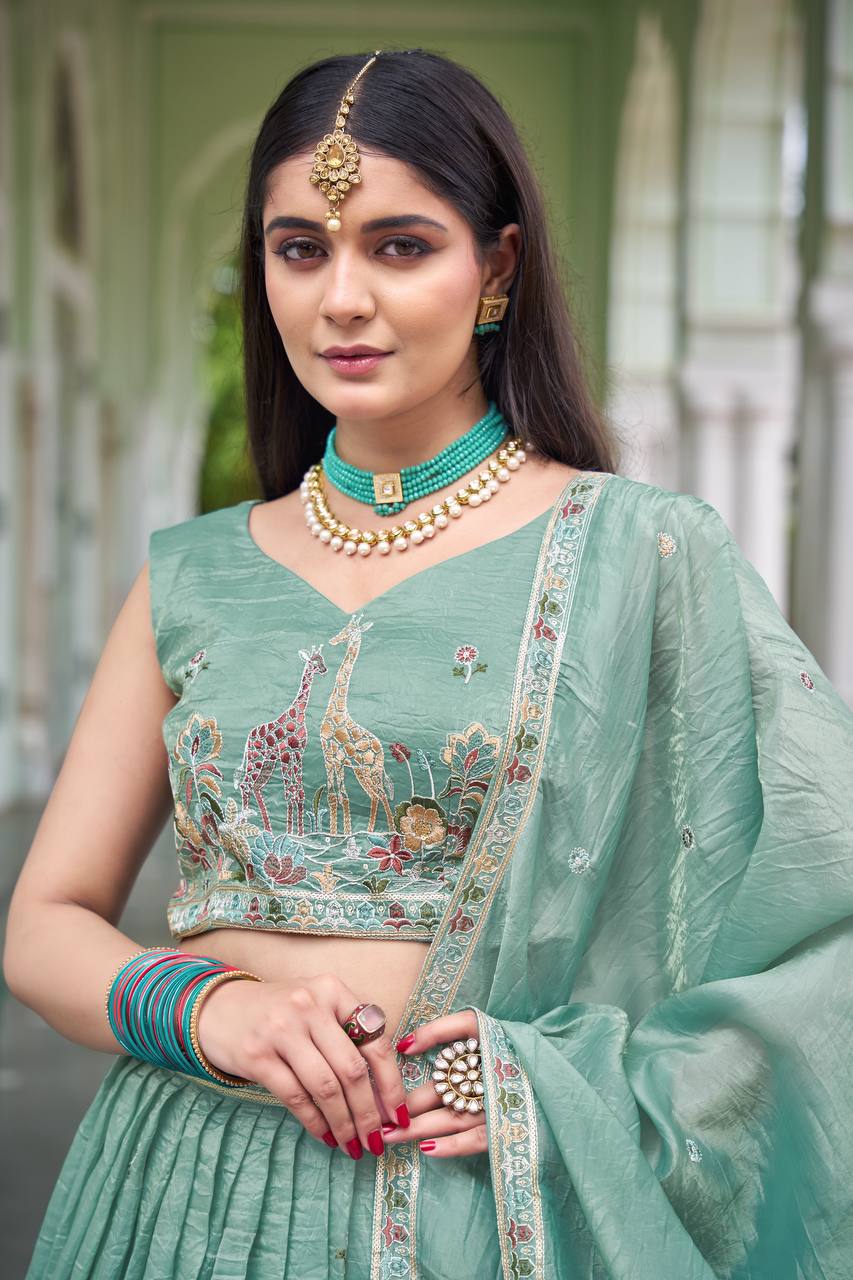 Premium Gold Crush Thread & Sequin Embroidered Lehenga Choli with Dupatta