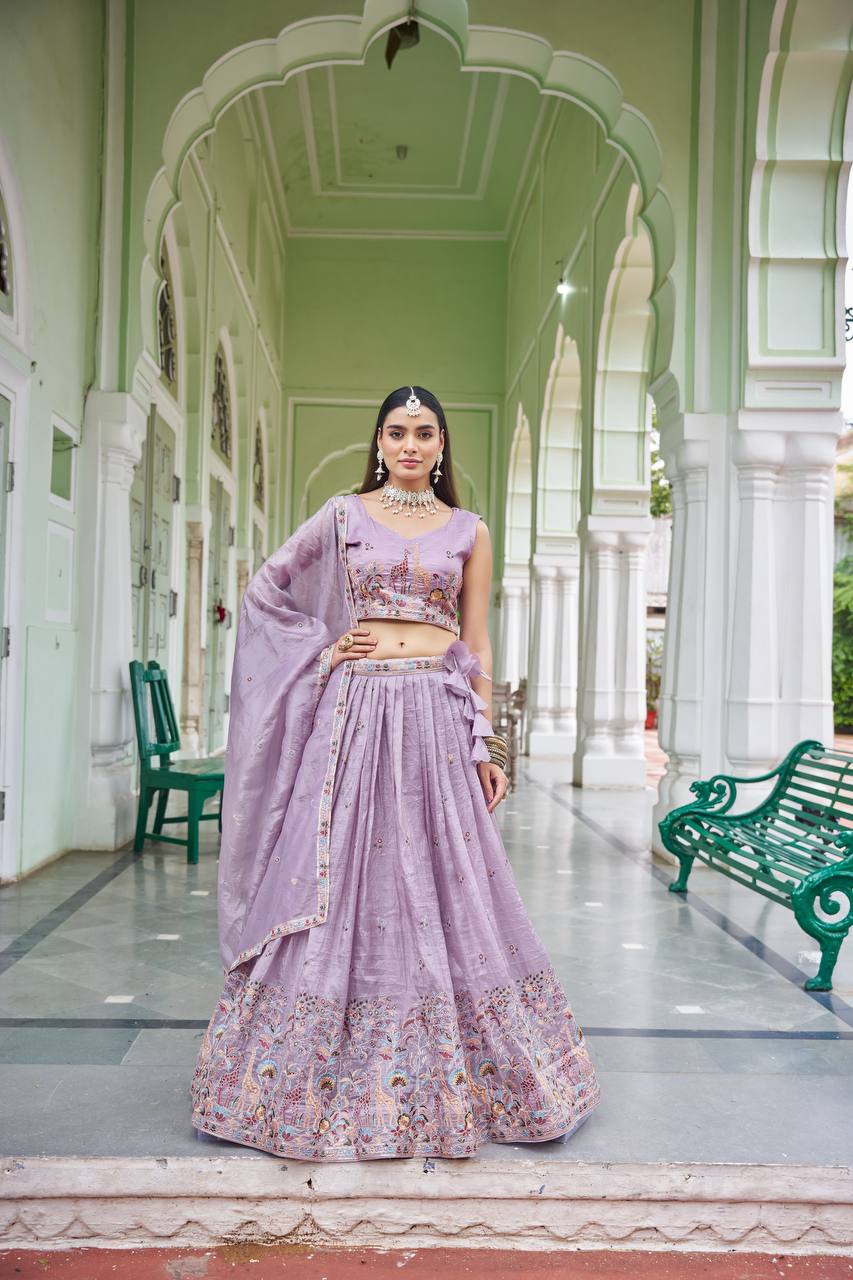 Premium Gold Crush Thread & Sequin Embroidered Lehenga Choli with Dupatta