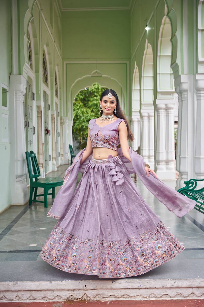 Premium Gold Crush Thread & Sequin Embroidered Lehenga Choli with Dupatta