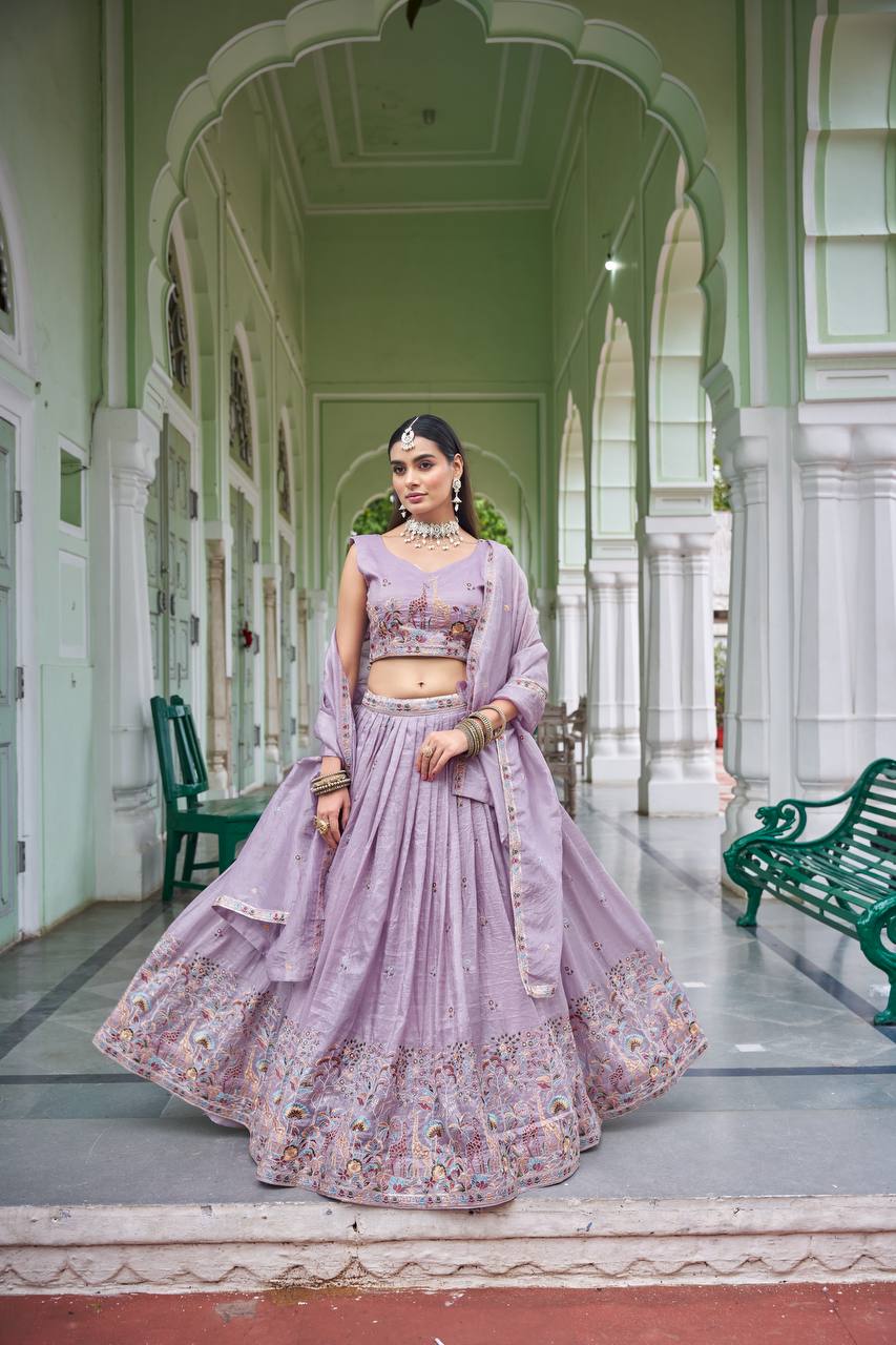 Premium Gold Crush Thread & Sequin Embroidered Lehenga Choli with Dupatta
