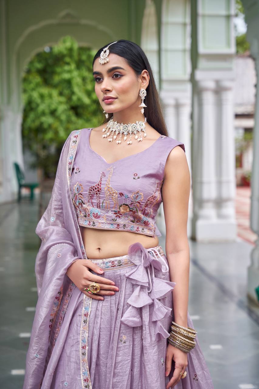 Premium Gold Crush Thread & Sequin Embroidered Lehenga Choli with Dupatta