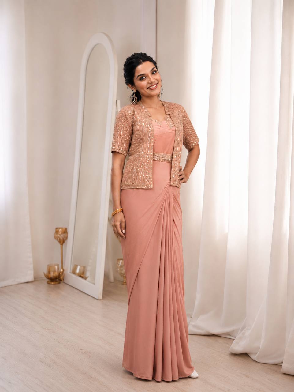 Women's Heavy Crepe Silk Ready-to-Wear Saree with Embroidered Koti, Blouse and Belt