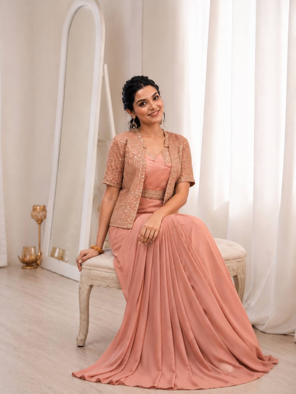 Women's Heavy Crepe Silk Ready-to-Wear Saree with Embroidered Koti, Blouse and Belt
