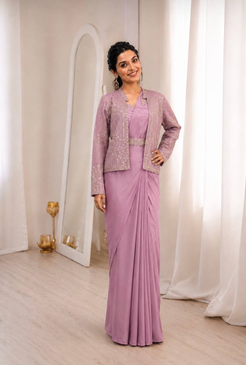 Women's Heavy Crepe Silk Ready-to-Wear Saree with Embroidered Koti, Blouse and Belt