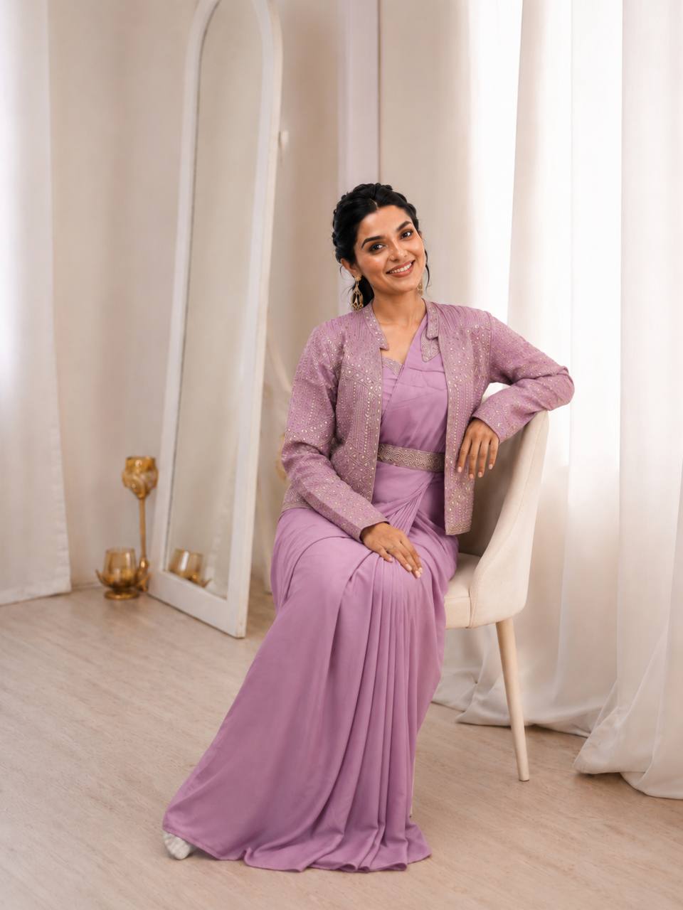 Women's Heavy Crepe Silk Ready-to-Wear Saree with Embroidered Koti, Blouse and Belt